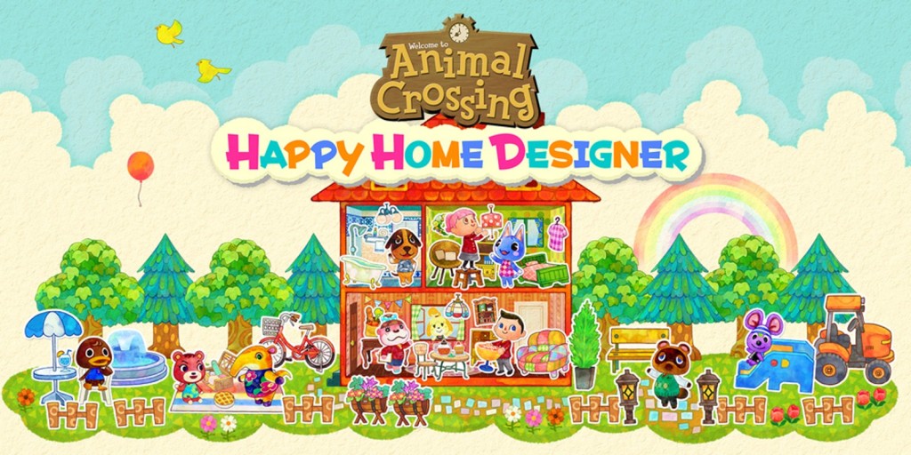 An image header for Animal Crossing: Happy Home Designer, featuring different characters and furniture items
